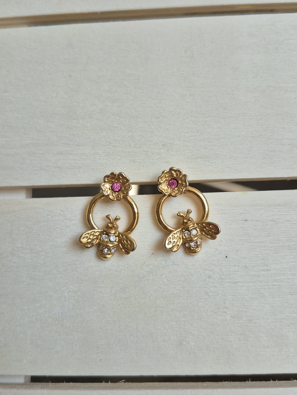 Avon Bee Drop Earrings with Pink Stone Accent